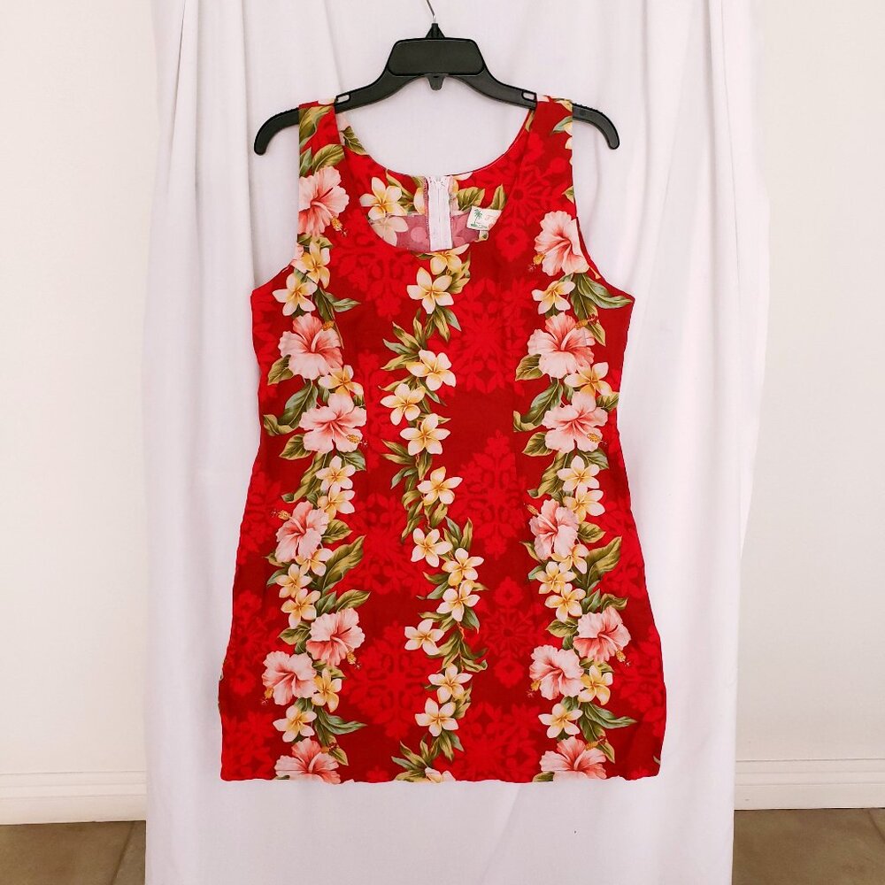 Vintage TY Red Hawaiian Floral Sleeveless Short Dress Made in Hawaii Size L